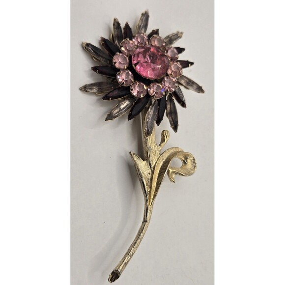 Vintage Signed Judy Lee Large Rhinestone Flower with Stem Brooch Pin Gold Tone - Picture 1 of 5